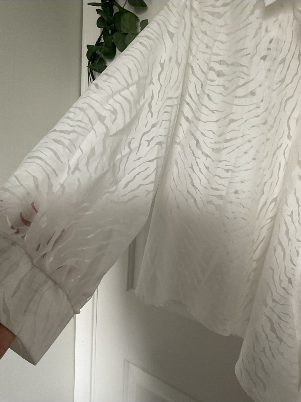 Ashley Stewart White Sheer Zebra-Print Tie Front Button Down Shirt - Picture 8 of 8